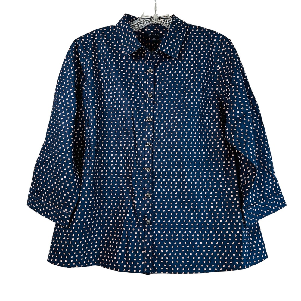 Lands' End Navy Pink Polka Dot No Iron Supima Cotton Button Down Shirt 16P